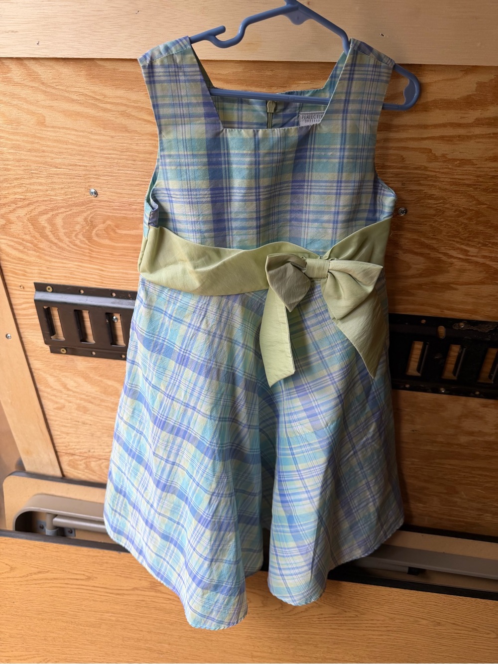 Girls Plaid Green & Blue Bow Dress